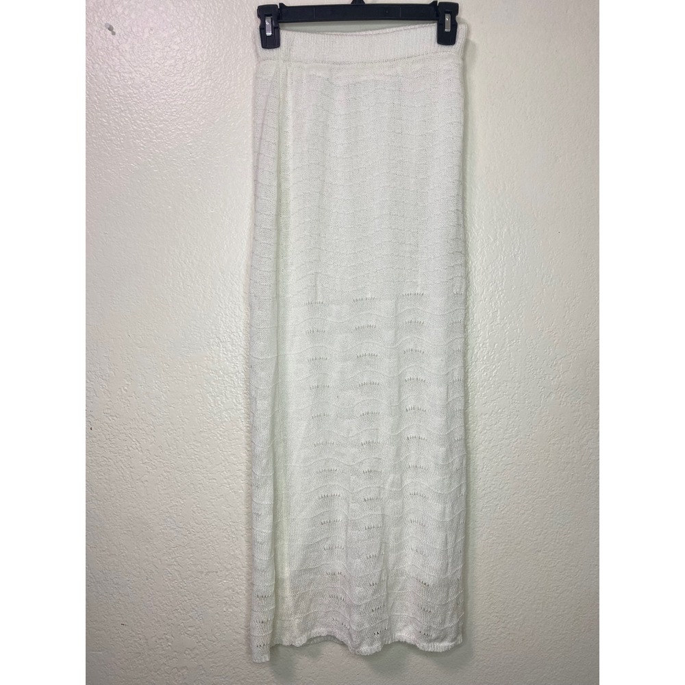 Princess Polly White Knit Pointelle Wave Maxi Skirt Elastic Waist Boho Chic